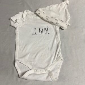 Rae Dunn - White Le Bebe Baby Short Sleeve Onesie top and hat set